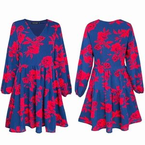 Fancyinn Shift Tunic Swing Babydoll Mini Long-Sleeve Pocket Floral Tiered Dress